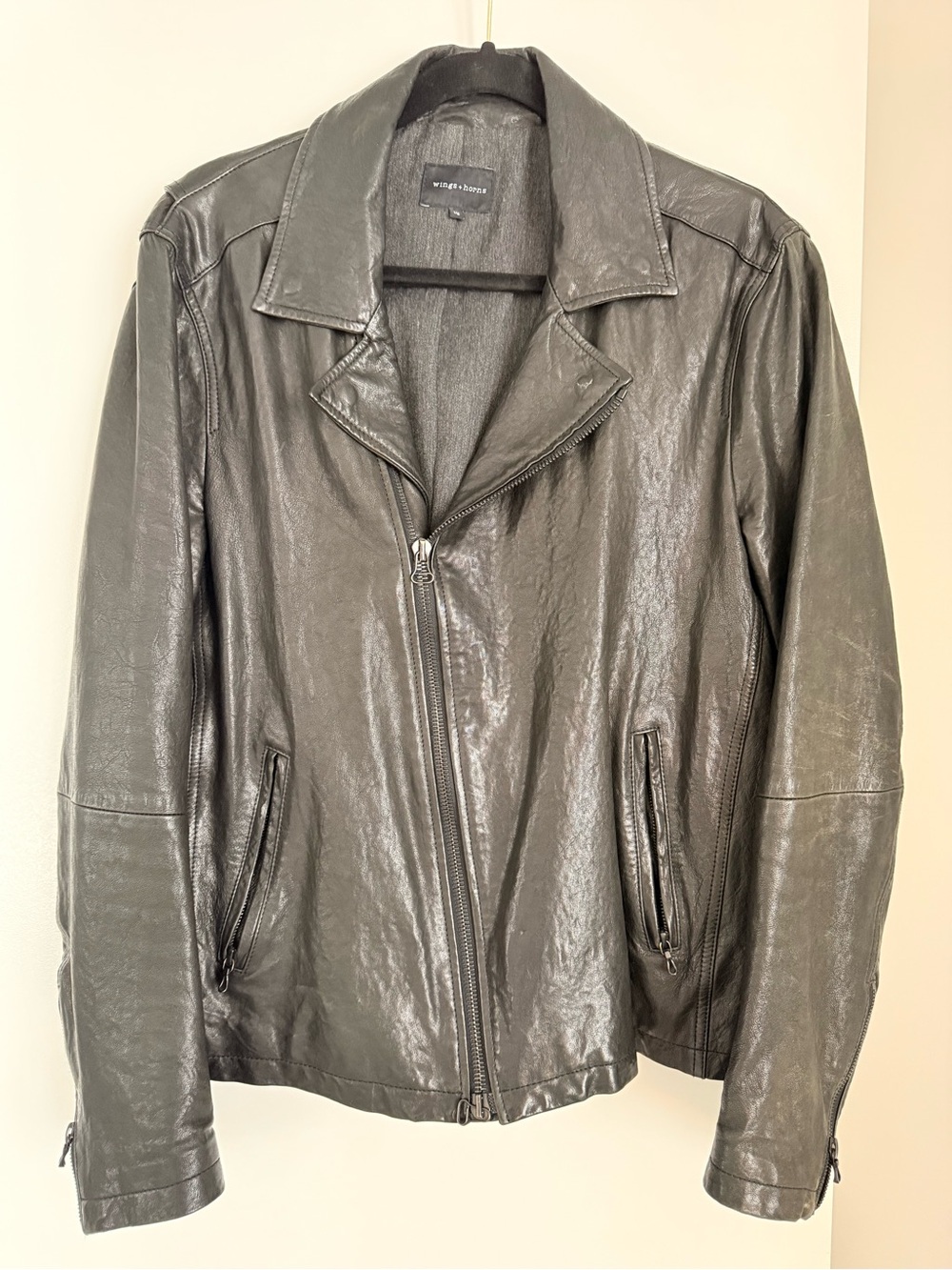 Wings + Horns Men's Black Leather Asymmetrical Zip Jacket